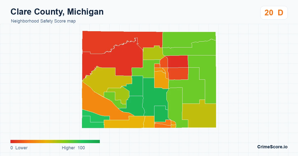 Clare County, Michigan neighborhood Safety Score map by Census block group