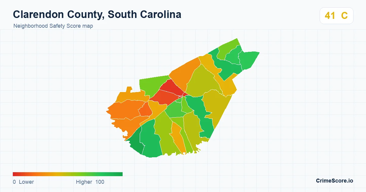 Clarendon County, South Carolina neighborhood Safety Score map by Census block group
