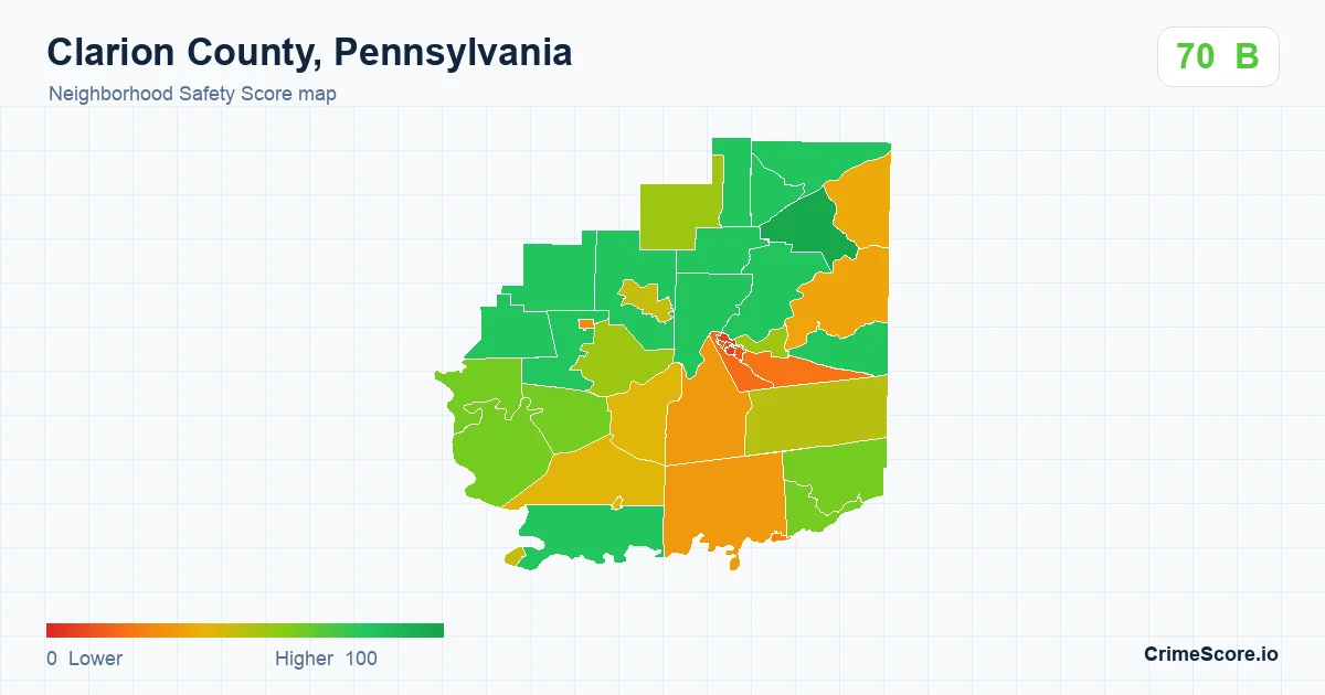 Clarion County, Pennsylvania neighborhood Safety Score map by Census block group