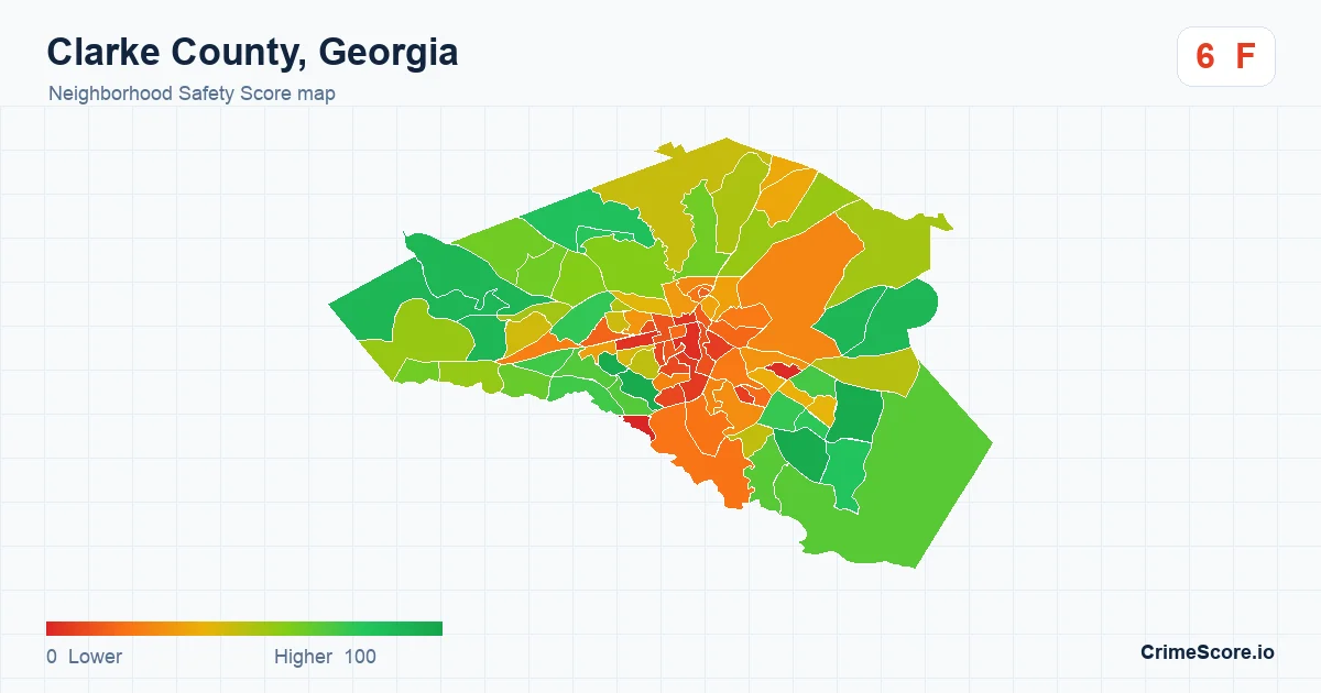 Clarke County, Georgia neighborhood Safety Score map by Census block group
