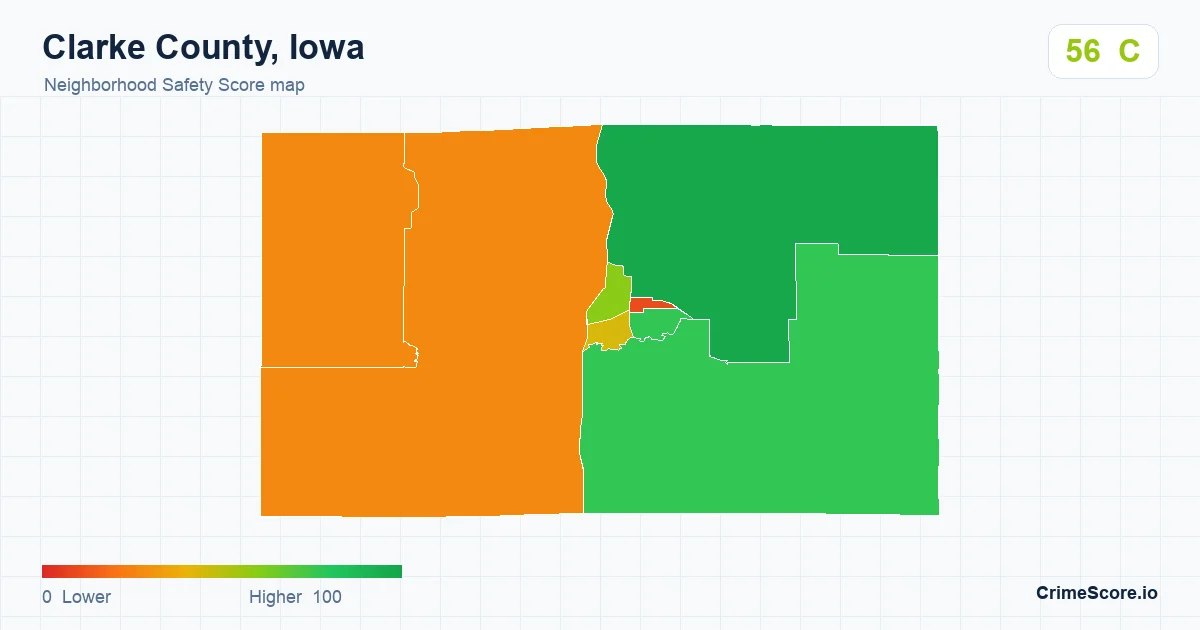 Clarke County, Iowa neighborhood Safety Score map by Census block group