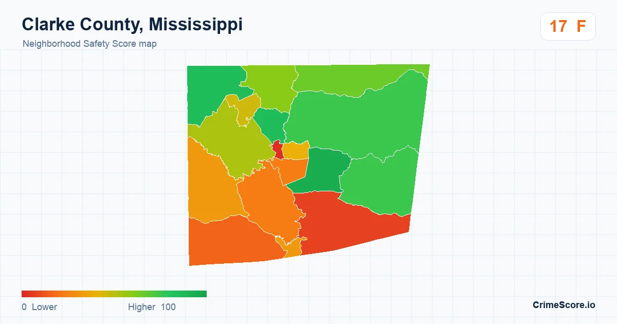 Clarke County, Mississippi neighborhood Safety Score map by Census block group