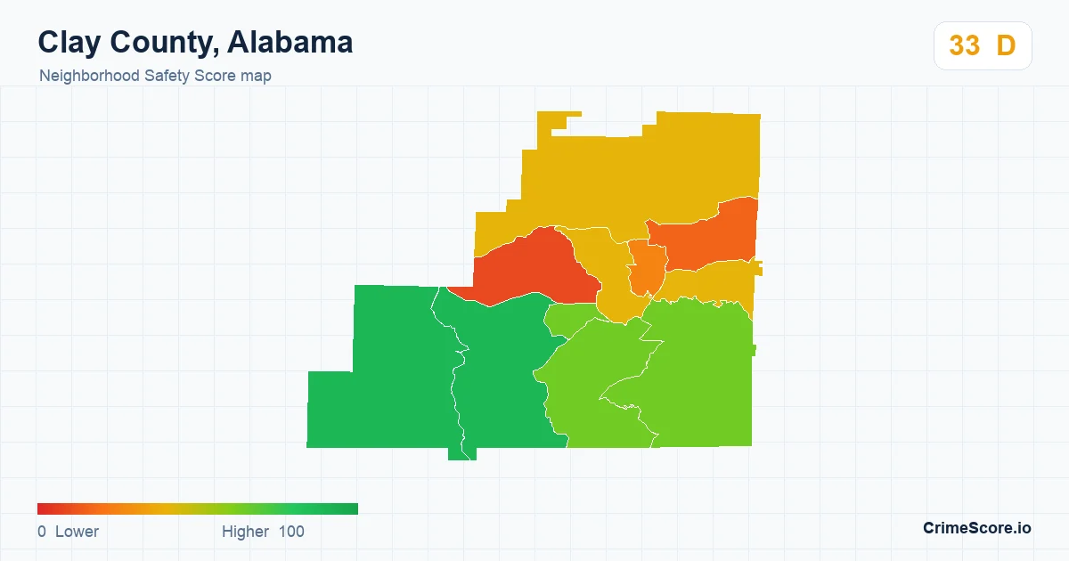Clay County, Alabama neighborhood Safety Score map by Census block group