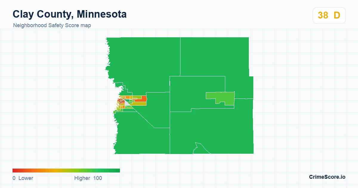 Clay County, Minnesota neighborhood Safety Score map by Census block group
