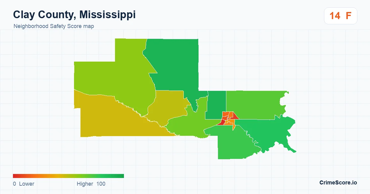 Clay County, Mississippi neighborhood Safety Score map by Census block group