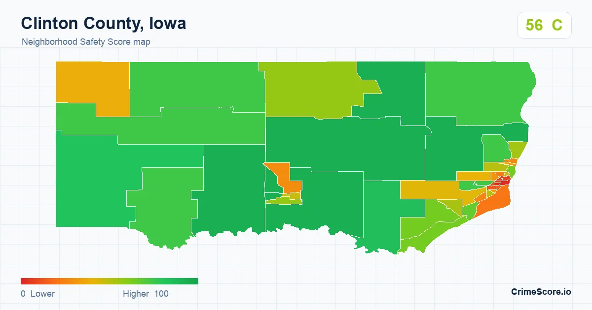 Clinton County, Iowa neighborhood Safety Score map by Census block group