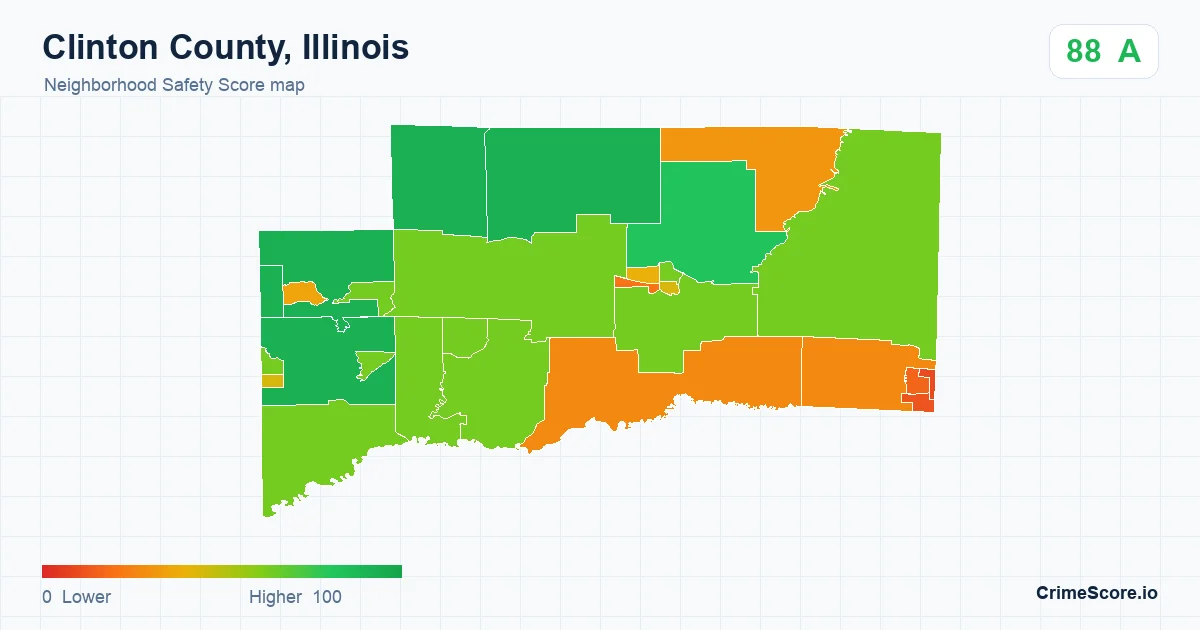 Clinton County, Illinois neighborhood Safety Score map by Census block group