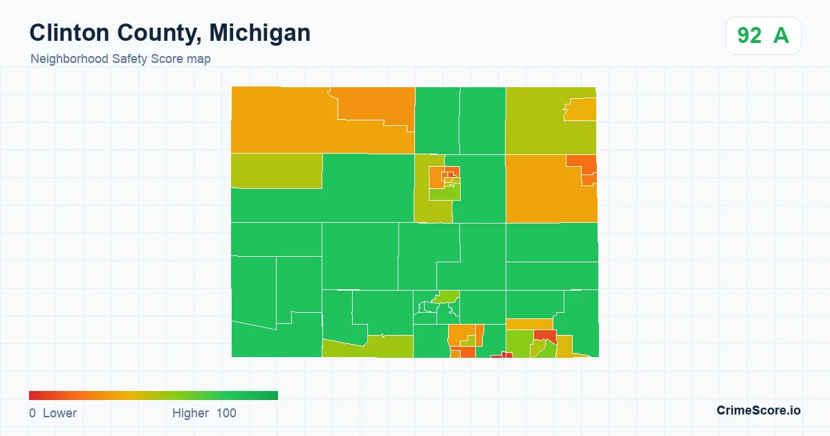 Clinton County, Michigan neighborhood Safety Score map by Census block group