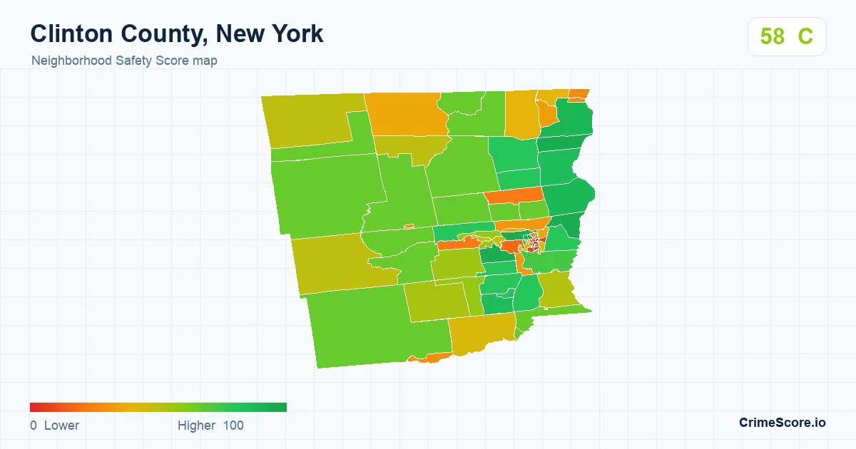 Clinton County, New York neighborhood Safety Score map by Census block group