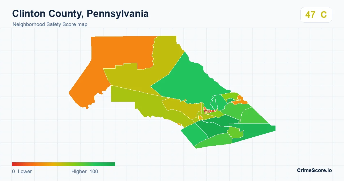 Clinton County, Pennsylvania neighborhood Safety Score map by Census block group