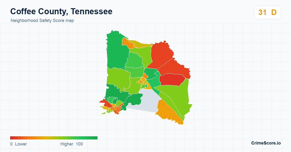 Coffee County, Tennessee neighborhood Safety Score map by Census block group