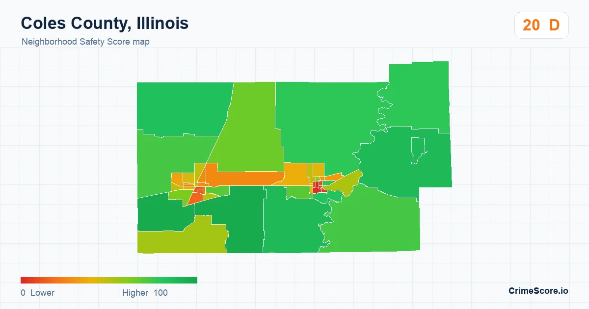 Coles County, Illinois neighborhood Safety Score map by Census block group