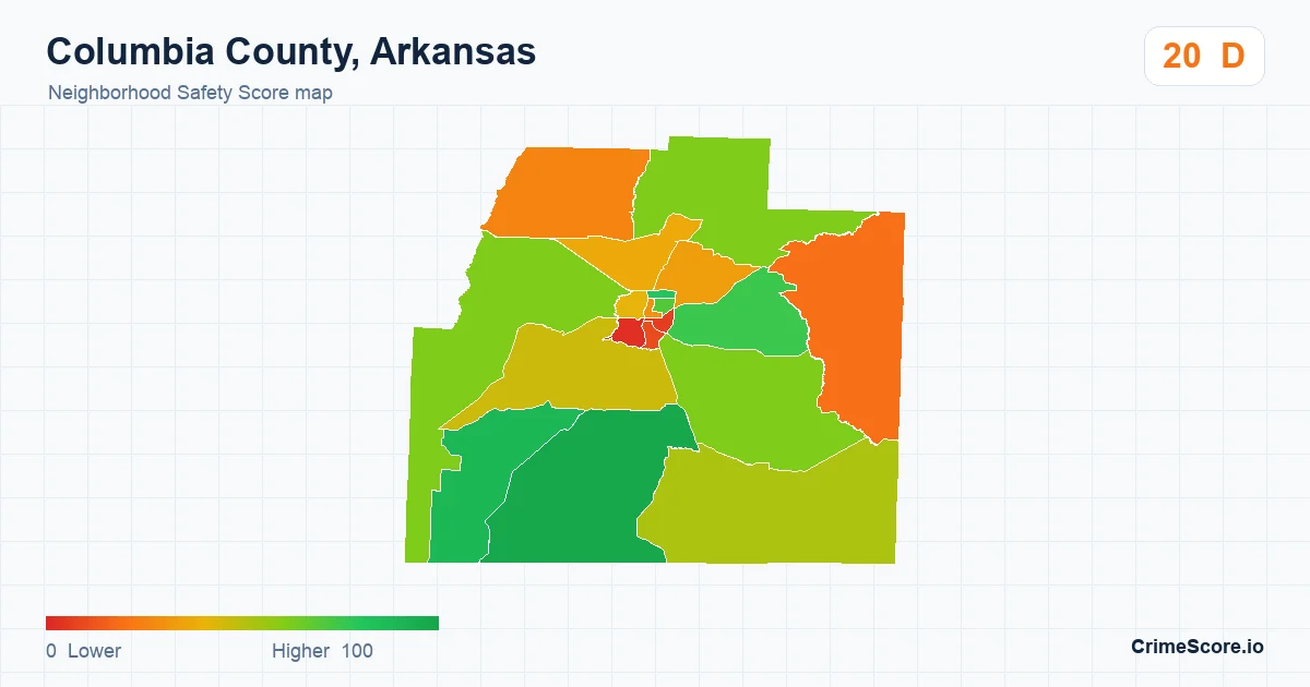 Columbia County, Arkansas neighborhood Safety Score map by Census block group