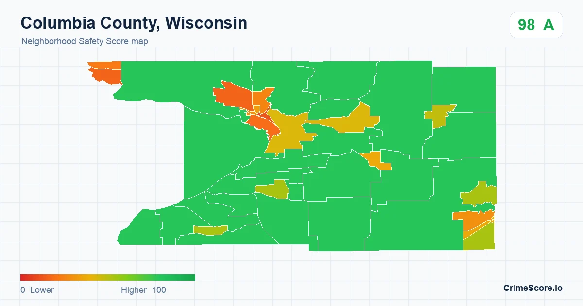 Columbia County, Wisconsin neighborhood Safety Score map by Census block group