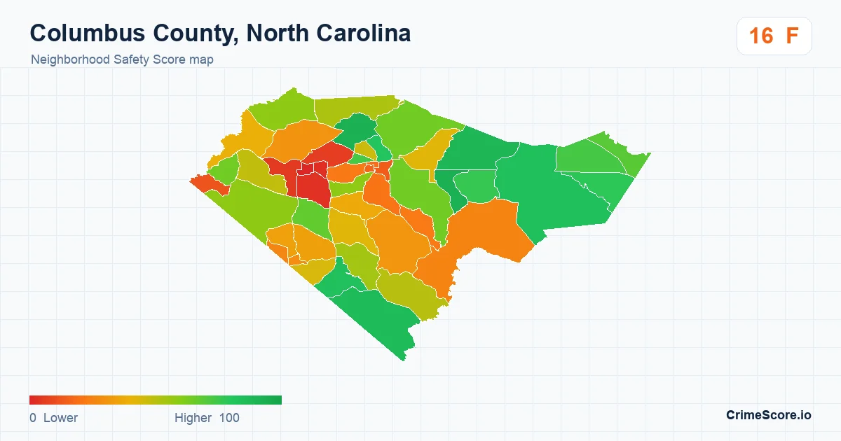 Columbus County, North Carolina neighborhood Safety Score map by Census block group