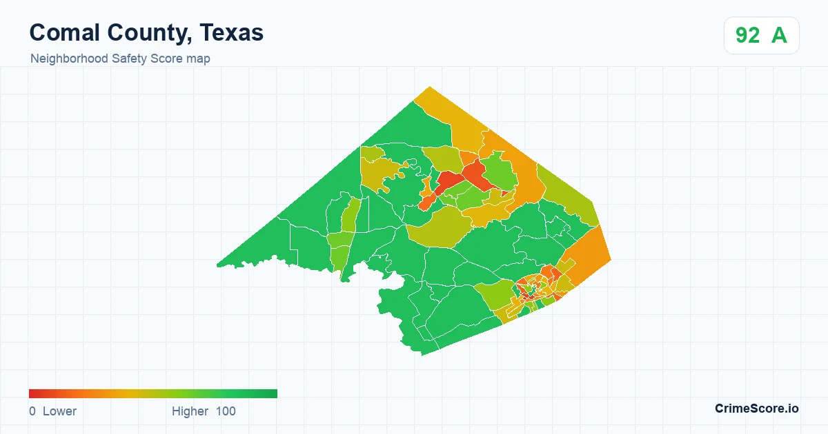 Comal County, Texas neighborhood Safety Score map by Census block group