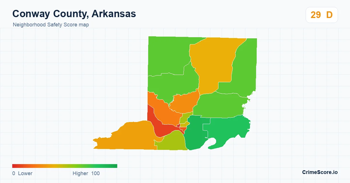 Conway County, Arkansas neighborhood Safety Score map by Census block group