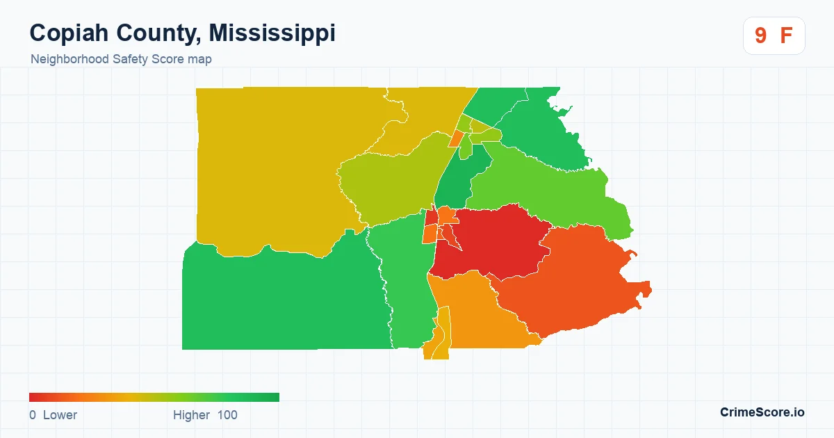 Copiah County, Mississippi neighborhood Safety Score map by Census block group