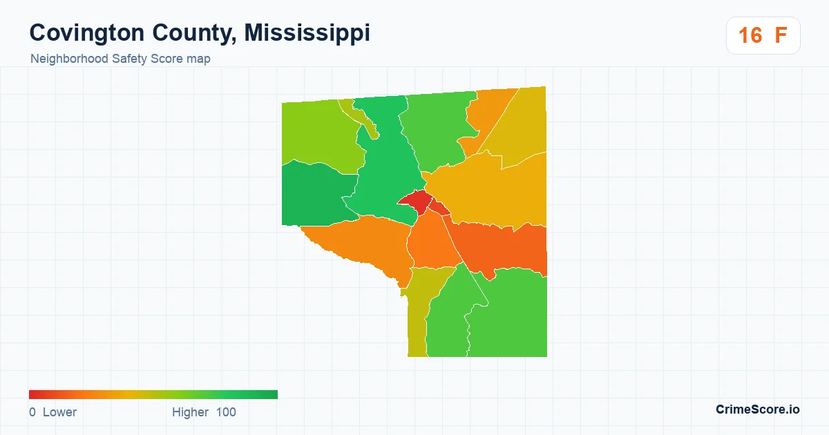 Covington County, Mississippi neighborhood Safety Score map by Census block group