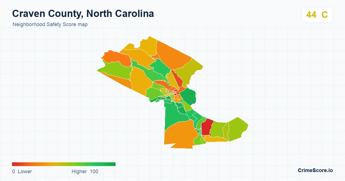 Craven County, North Carolina neighborhood Safety Score map by Census block group