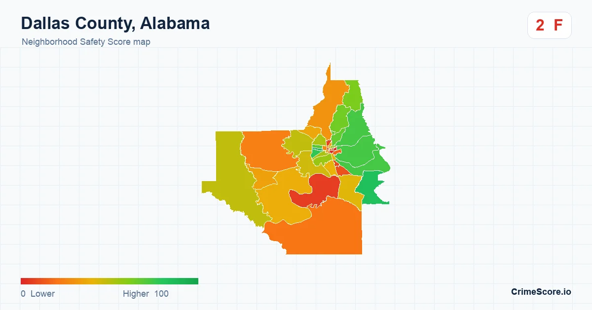 Dallas County, Alabama neighborhood Safety Score map by Census block group