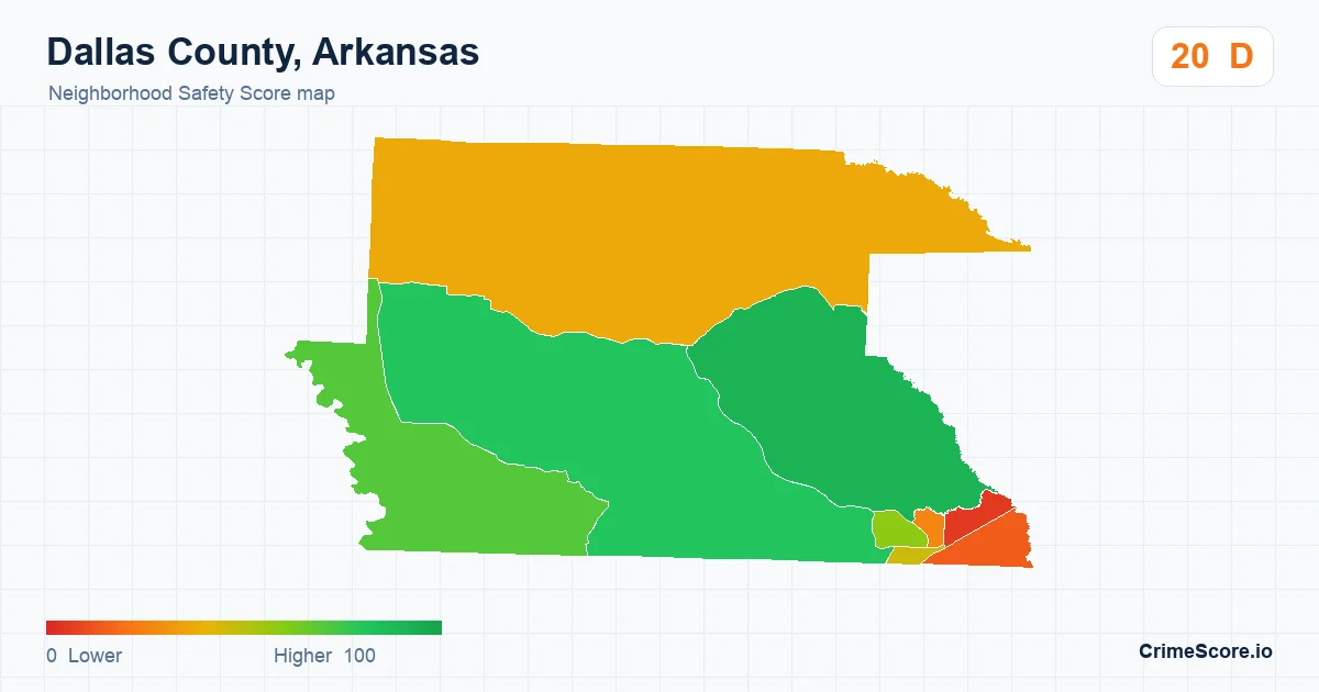 Dallas County, Arkansas neighborhood Safety Score map by Census block group