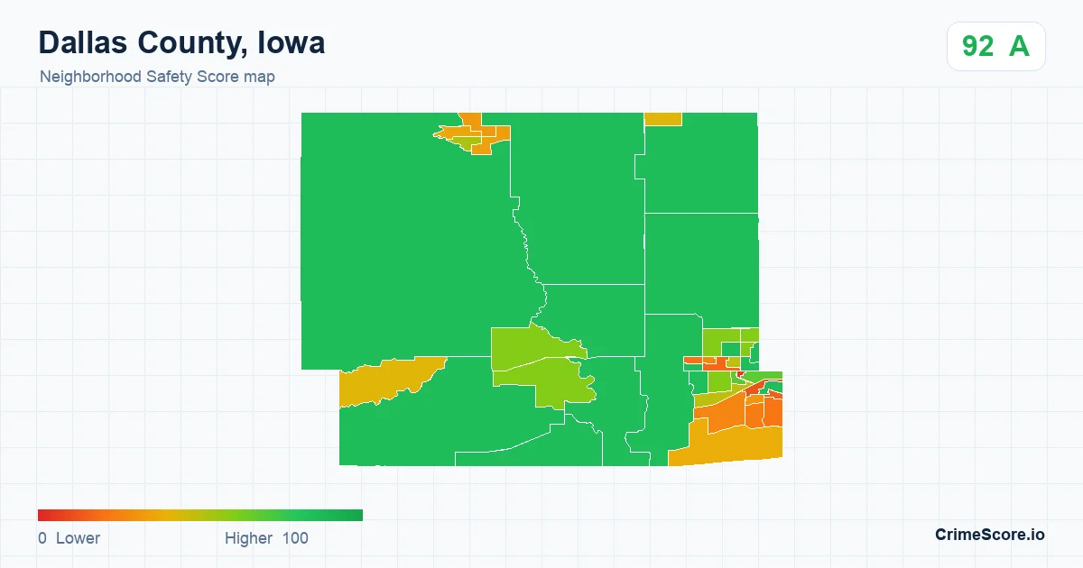 Dallas County, Iowa neighborhood Safety Score map by Census block group