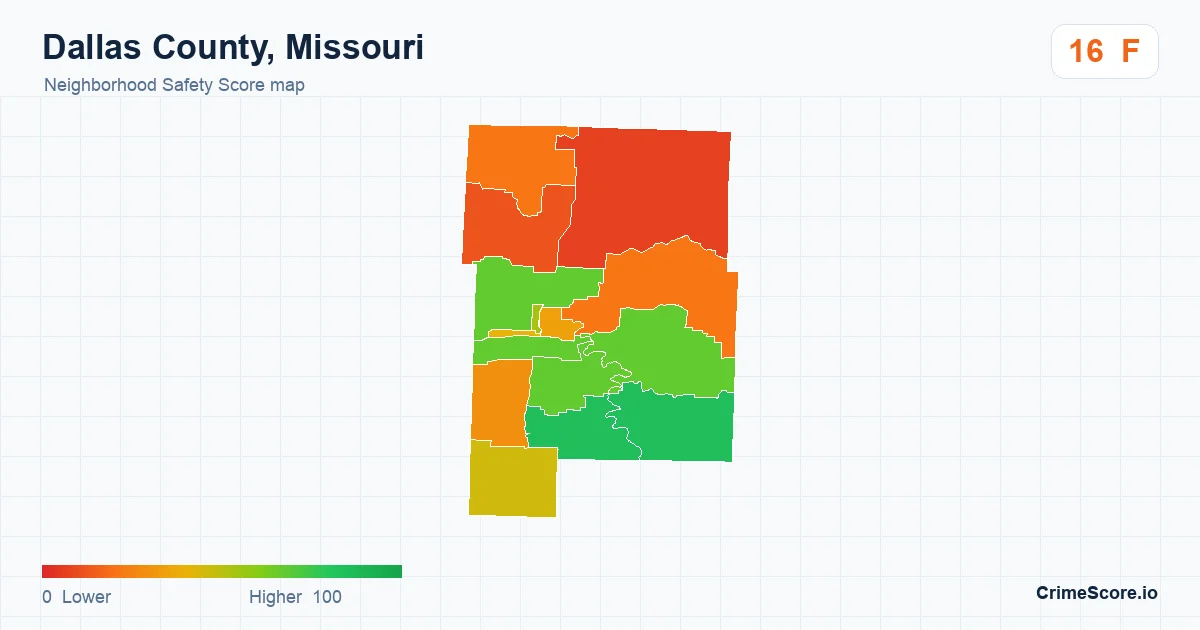 Dallas County, Missouri neighborhood Safety Score map by Census block group