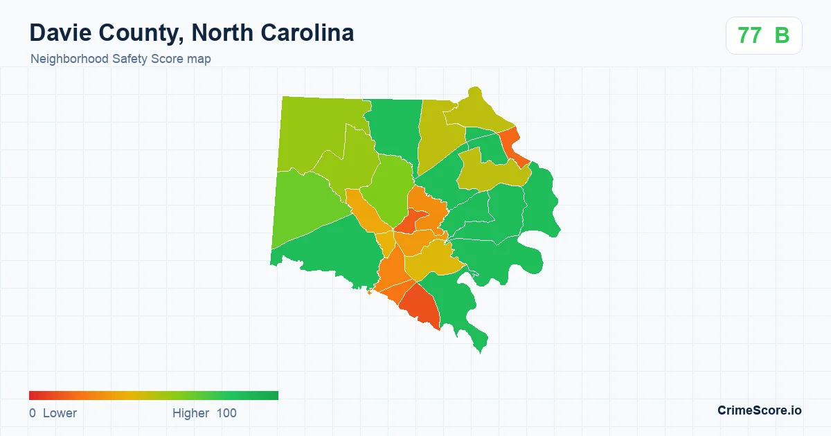 Davie County, North Carolina neighborhood Safety Score map by Census block group