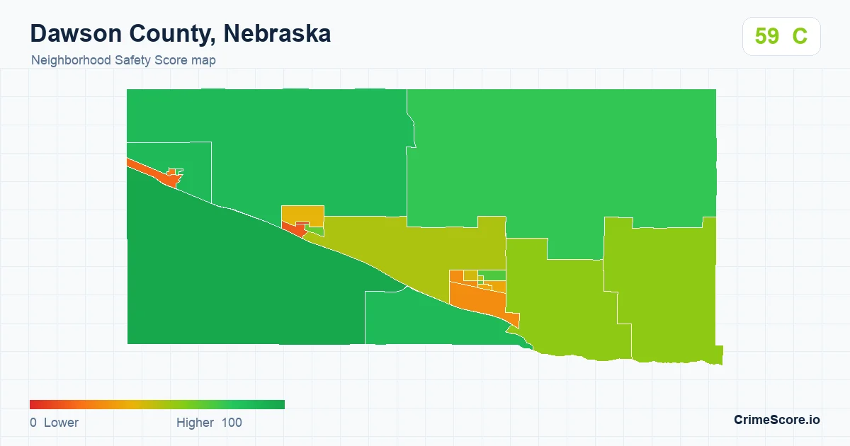Dawson County, Nebraska neighborhood Safety Score map by Census block group
