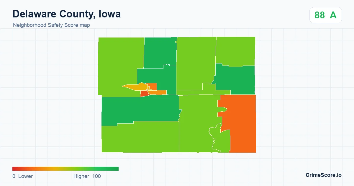 Delaware County, Iowa neighborhood Safety Score map by Census block group
