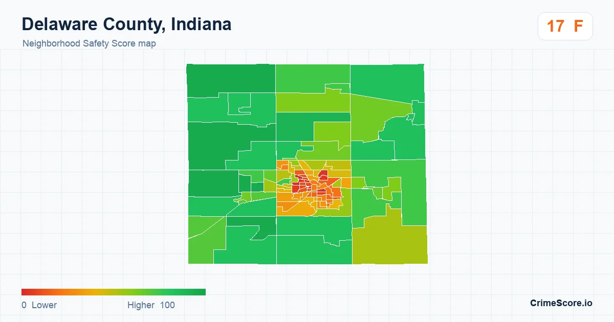 Delaware County, Indiana neighborhood Safety Score map by Census block group