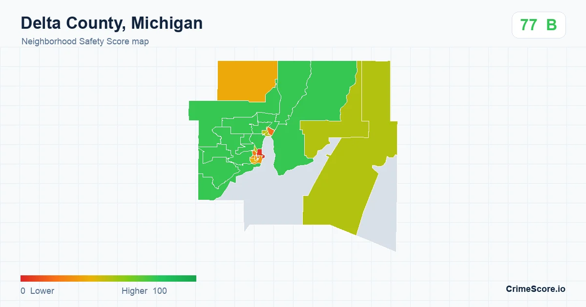 Delta County, Michigan neighborhood Safety Score map by Census block group