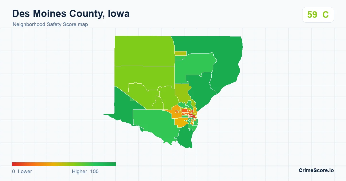 Des Moines County, Iowa neighborhood Safety Score map by Census block group