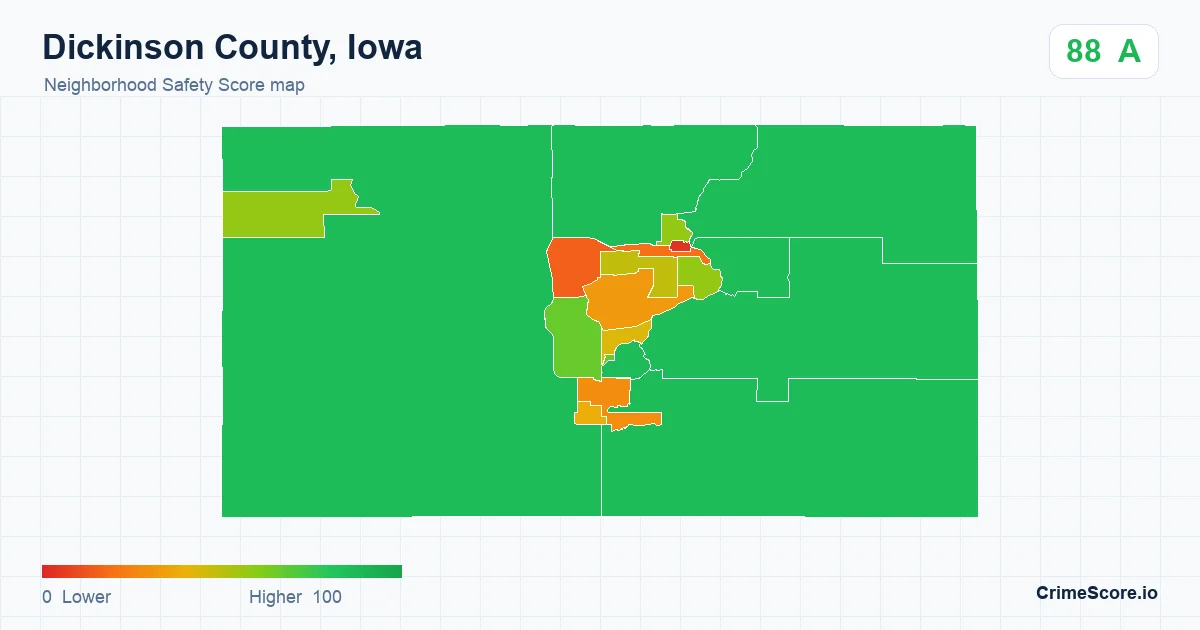 Dickinson County, Iowa neighborhood Safety Score map by Census block group