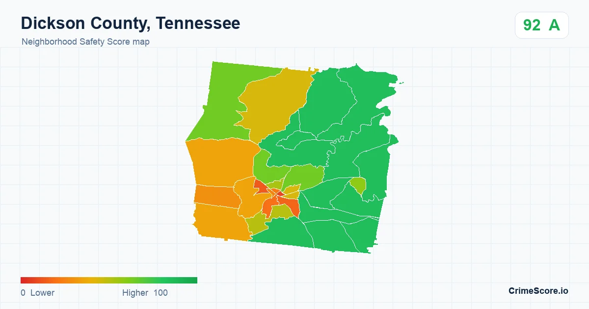 Dickson County, Tennessee neighborhood Safety Score map by Census block group