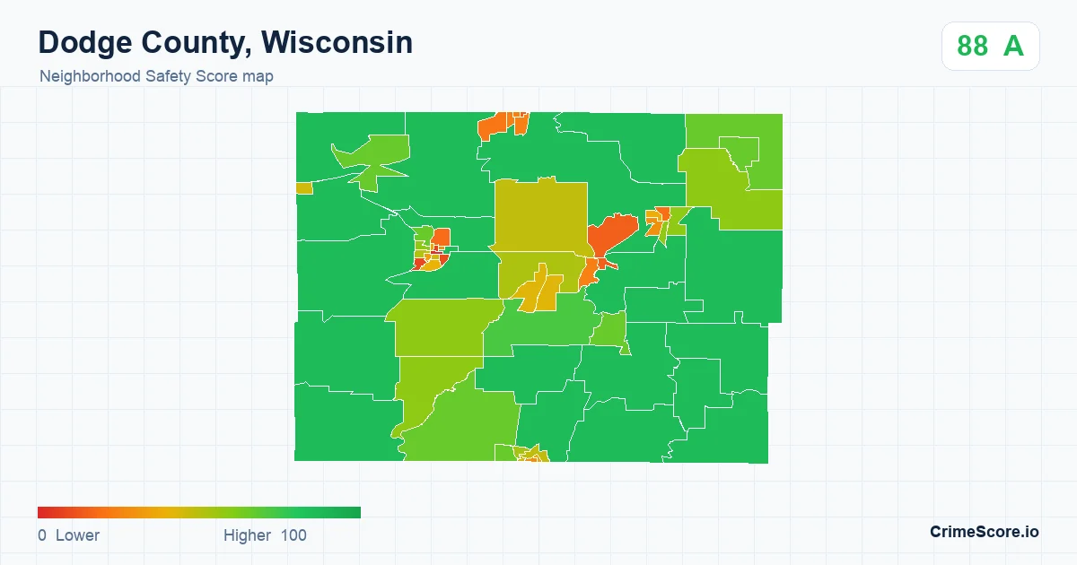 Dodge County, Wisconsin neighborhood Safety Score map by Census block group