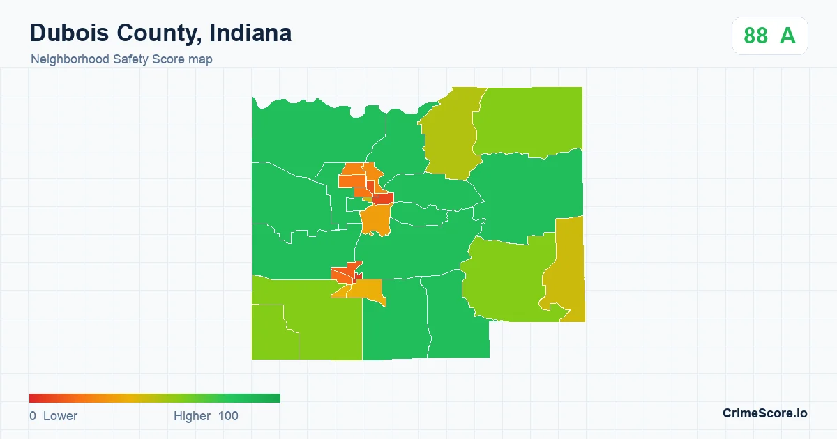 Dubois County, Indiana neighborhood Safety Score map by Census block group