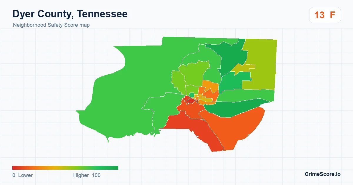 Dyer County, Tennessee neighborhood Safety Score map by Census block group