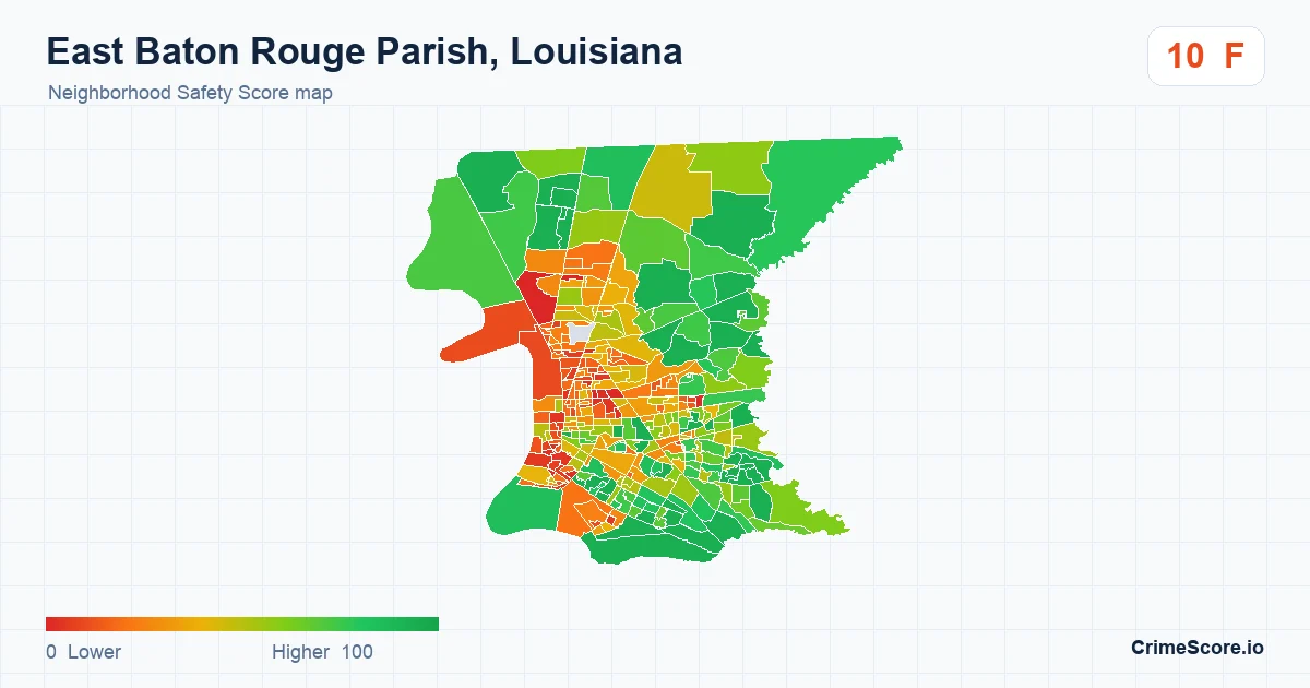 East Baton Rouge Parish, Louisiana neighborhood Safety Score map by Census block group