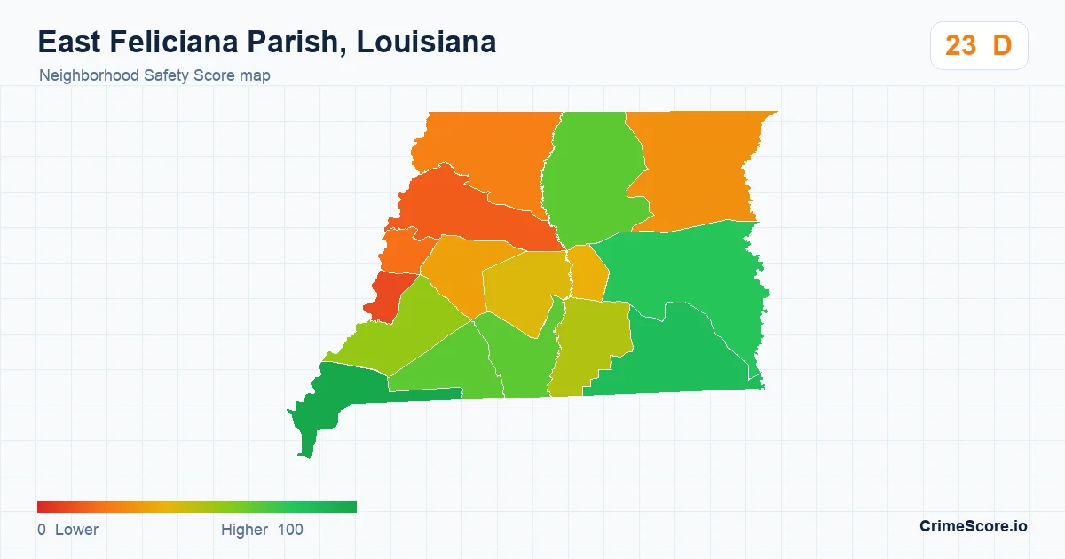 East Feliciana Parish, Louisiana neighborhood Safety Score map by Census block group