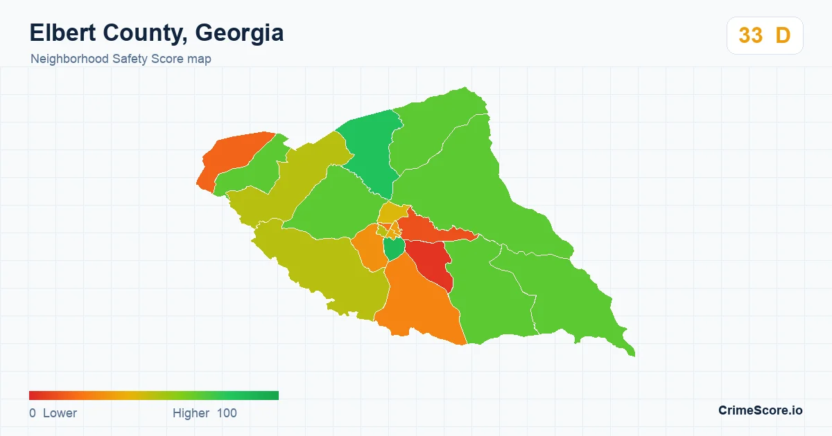 Elbert County, Georgia neighborhood Safety Score map by Census block group