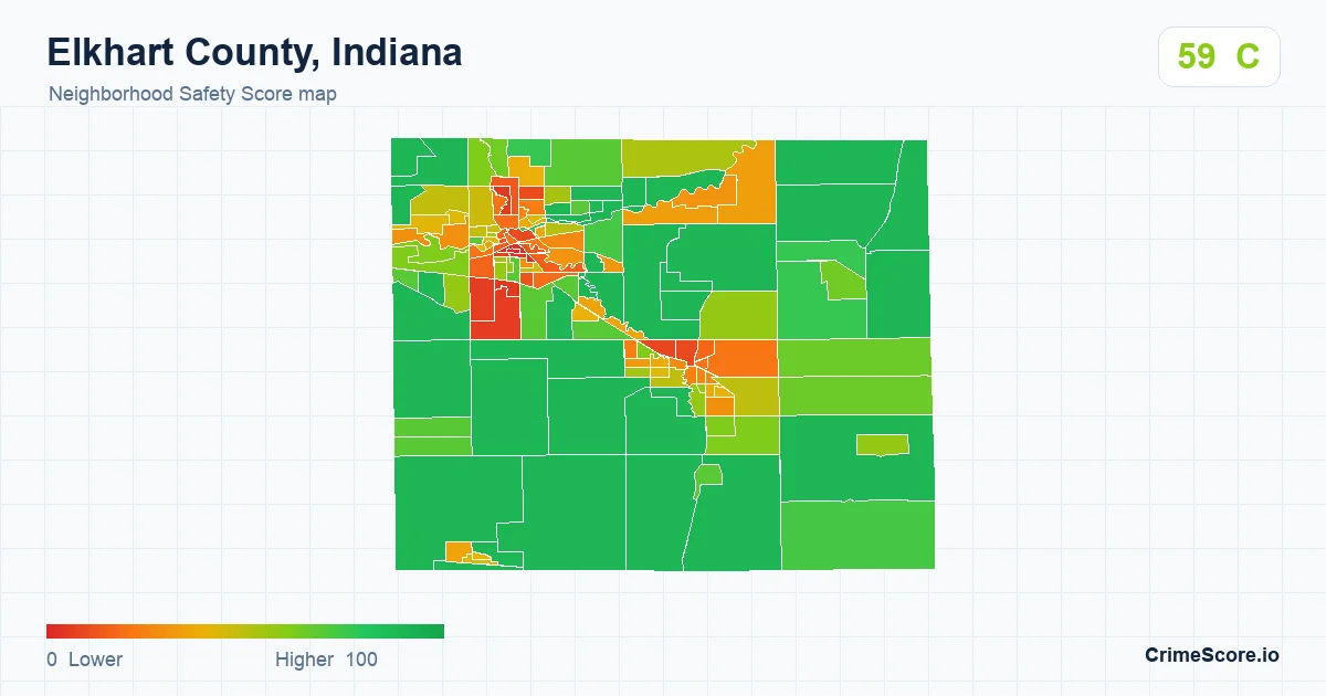 Elkhart County, Indiana neighborhood Safety Score map by Census block group