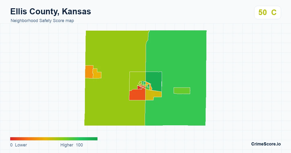 Ellis County, Kansas neighborhood Safety Score map by Census block group