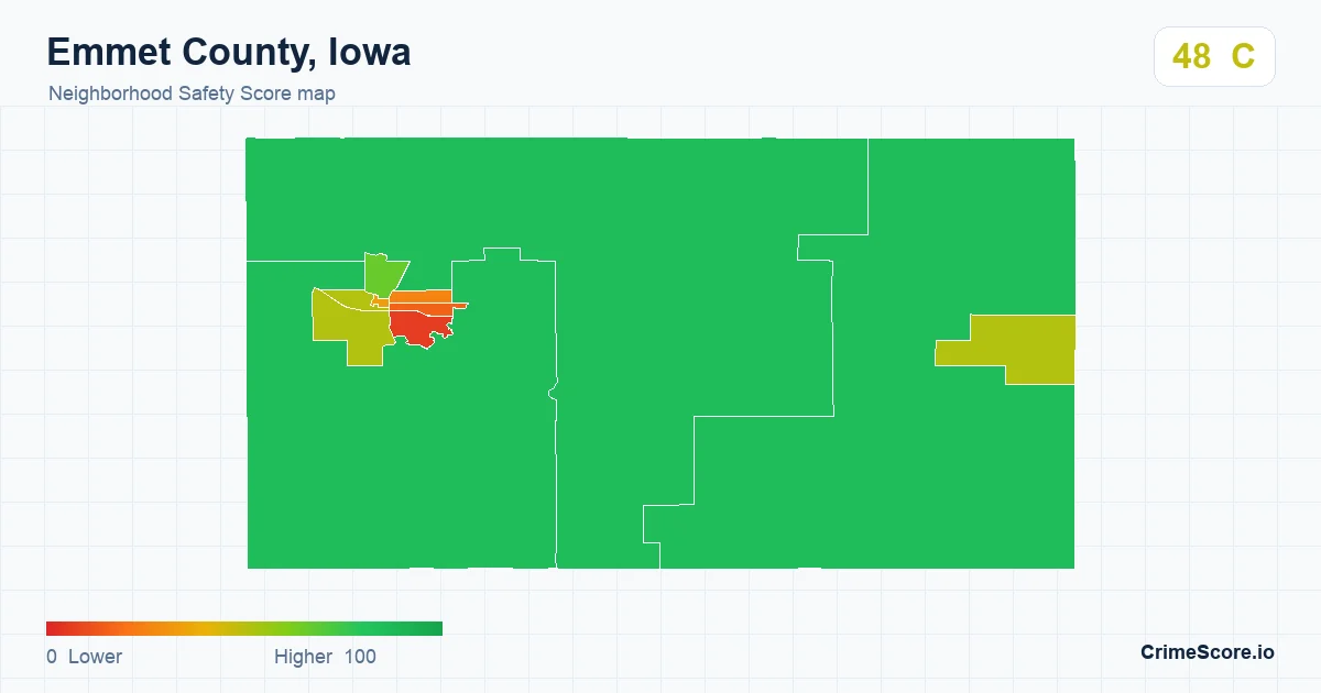 Emmet County, Iowa neighborhood Safety Score map by Census block group