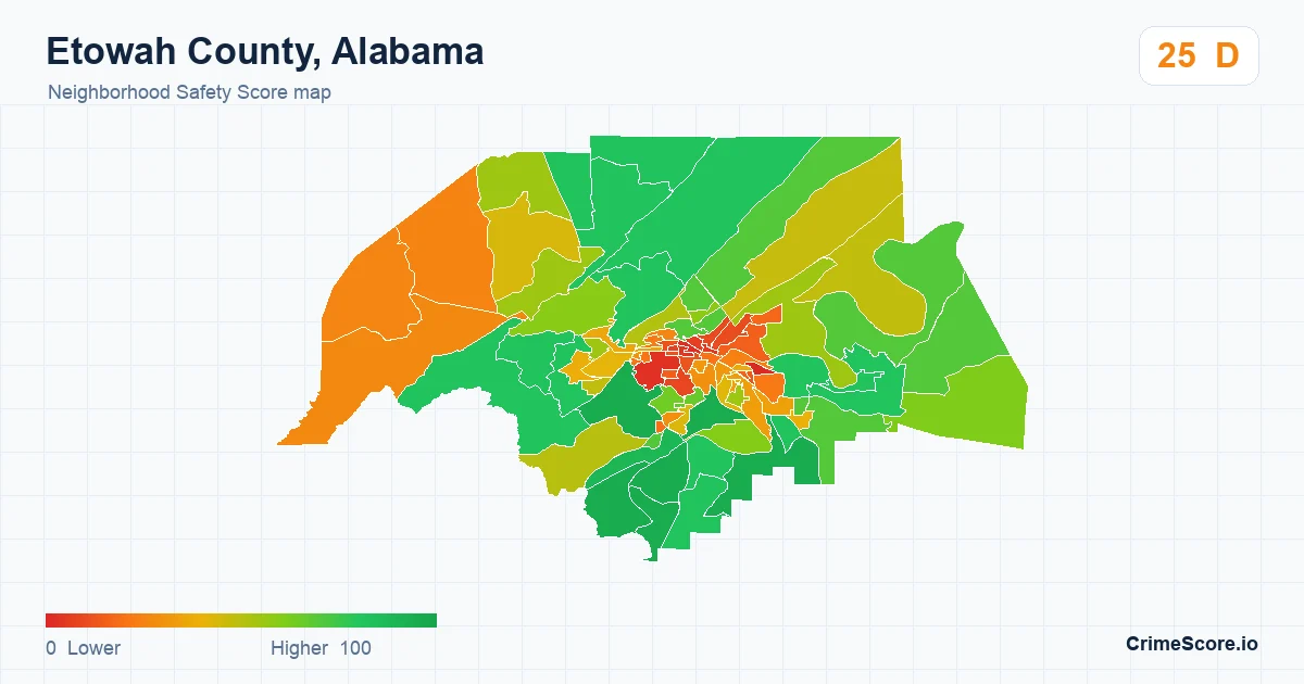 Etowah County, Alabama neighborhood Safety Score map by Census block group