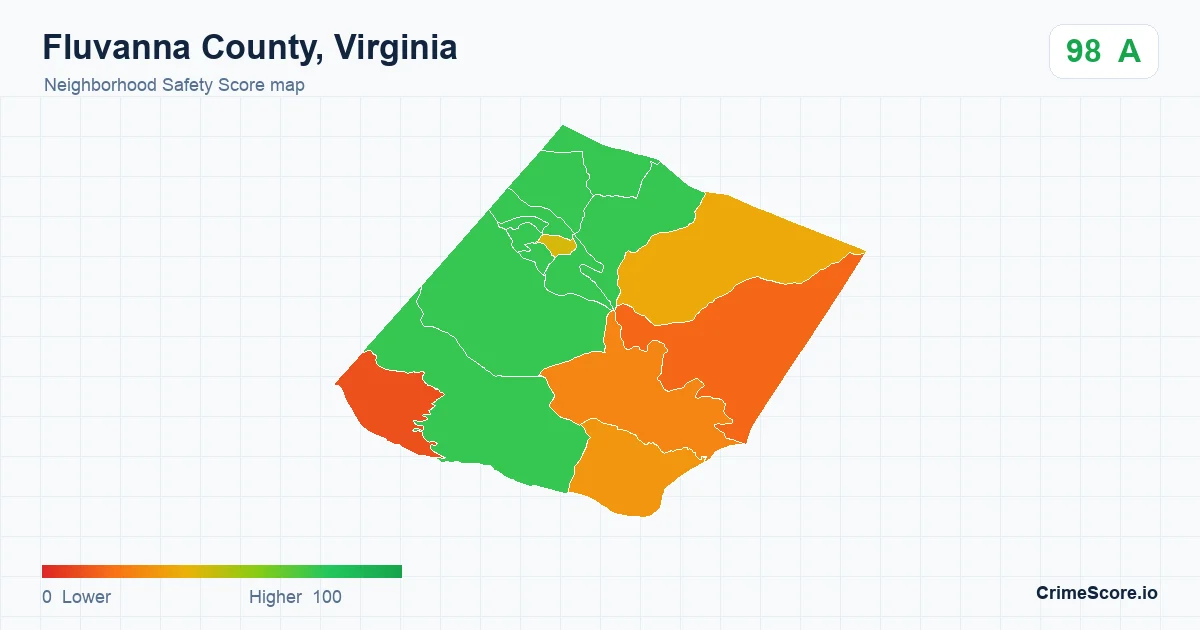 Fluvanna County, Virginia neighborhood Safety Score map by Census block group