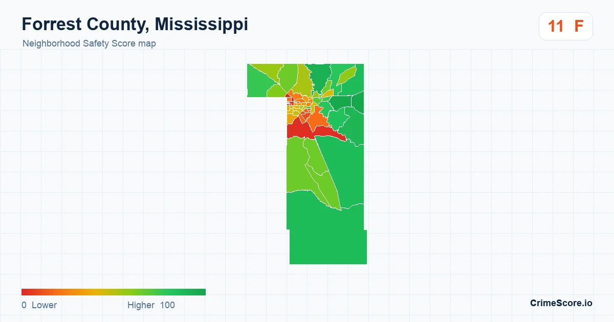 Forrest County, Mississippi neighborhood Safety Score map by Census block group