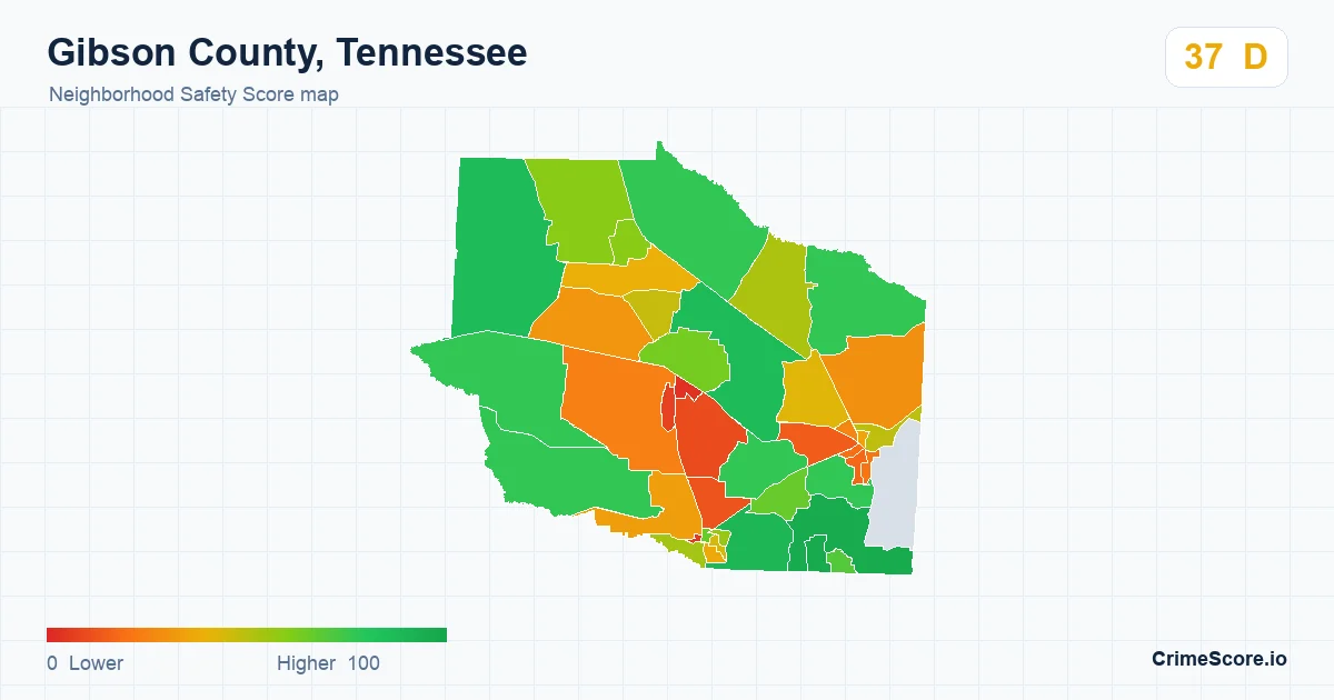 Gibson County, Tennessee neighborhood Safety Score map by Census block group
