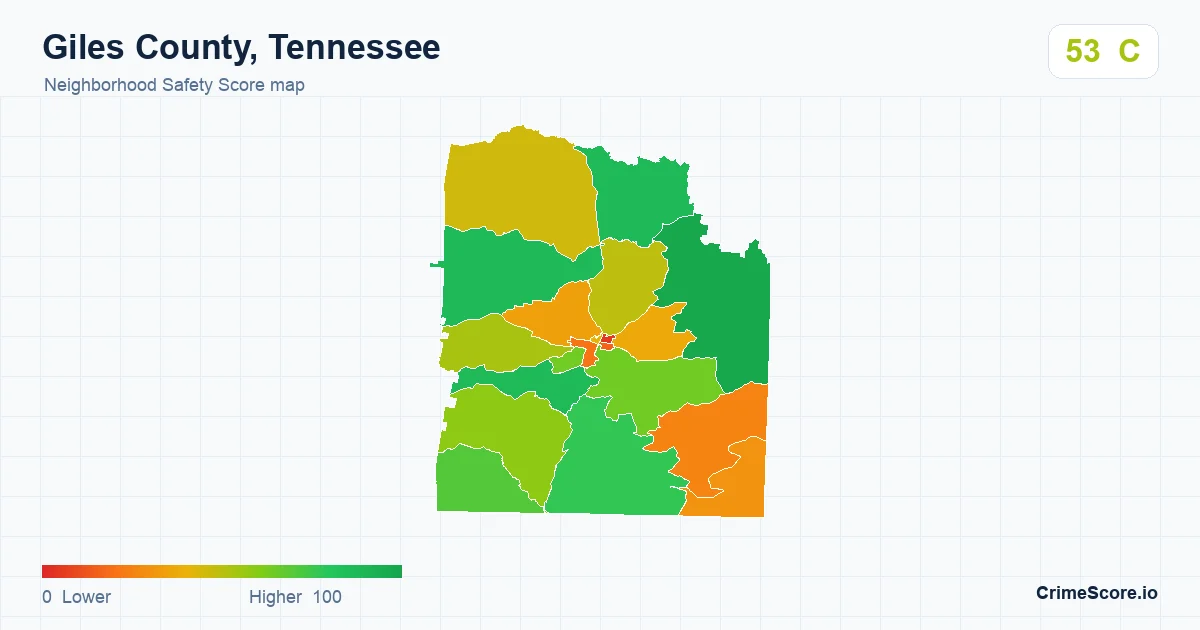 Giles County, Tennessee neighborhood Safety Score map by Census block group